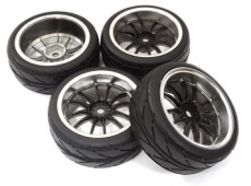 (C23442BLACK) Dual 6 Spoke Wheel & Tire Set (4) for 1/10 Touring Car W=26mm Offset 2.5mm