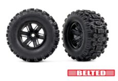 (TRX 7871) X-Maxx black wheels, Sledgehammer belted tires, dual profile (4.3' outer, 5.7' inner), foam inserts)