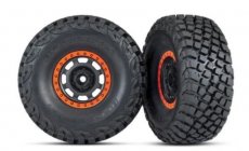 (TRX 8472) TIRES AND WHEELS, ASSEMBLED, GLUED (DESERT RACER WHEELS, BLACK WITH ORANGE BEADL